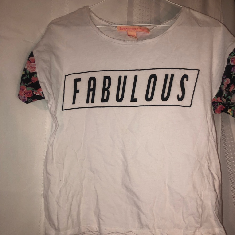white crop top with print across the front